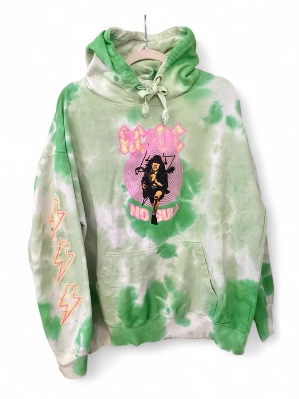 AC/DC Light Green Tie Dye Pullover No Bull Graphic Rock Band Hoodie Medium